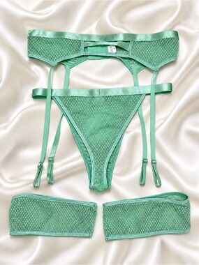 Mint Green Sheer Mesh Strappy Garter Lingerie Set Size Large